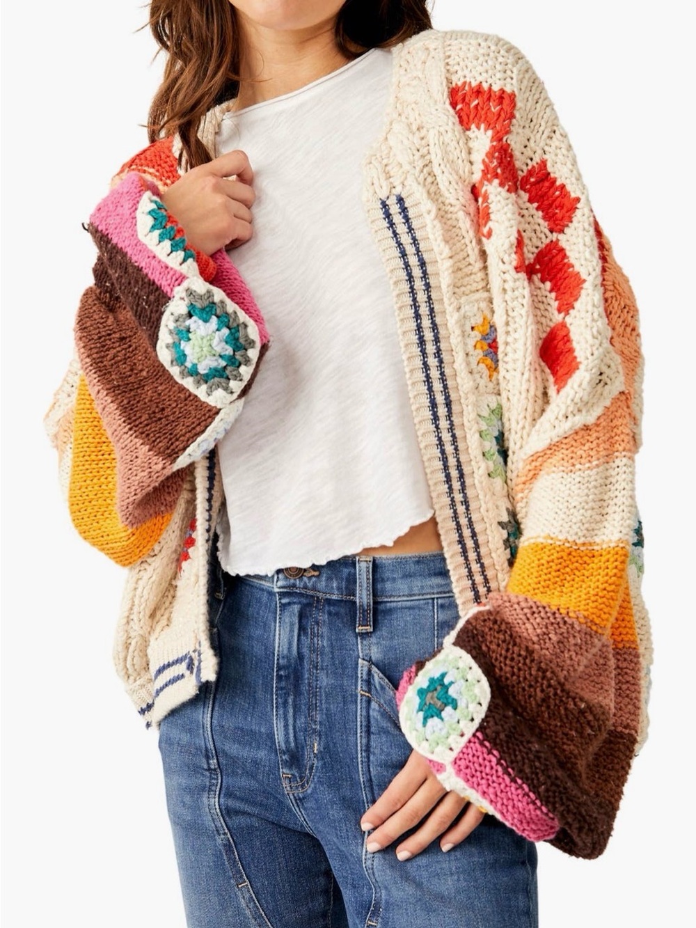 🆕Bnwt Free People Clear Skies Chunky Crochet Multi-Color Open Cardigan Sweater
